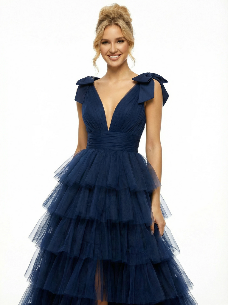Sexy Deep V-Neck Tiered Ruffle Tulle Prom Dress Bow-Tie Straps High Slit Ball Gown