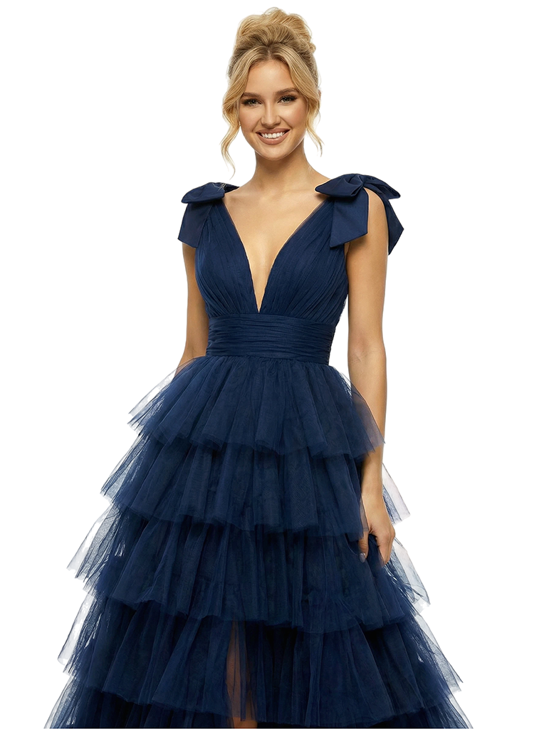Beautiful Spaghetti Straps V-Neck Slit Bow Knot A-Line Tulle Formal Ball Gown Prom Dress