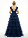 Sexy Deep V-Neck Tiered Ruffle Tulle Prom Dress Bow-Tie Straps High Slit Ball Gown