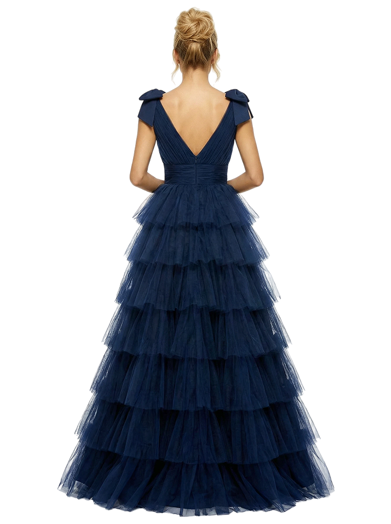 Beautiful Spaghetti Straps V-Neck Slit Bow Knot A-Line Tulle Formal Ball Gown Prom Dress