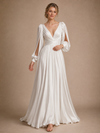 ChicSew Modern V-Neck Long Sleeves Satin A-Line Ruching Long Wedding Dress