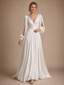 ChicSew Modern V-Neck Long Sleeves Satin A-Line Ruching Long Wedding Dress