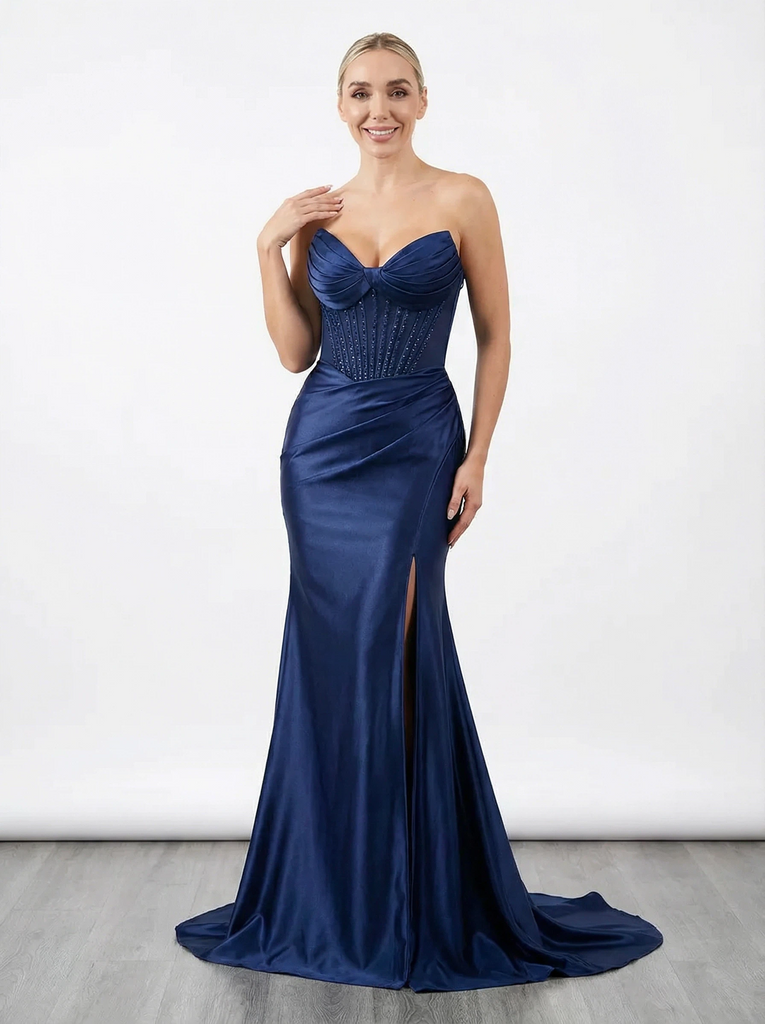 Unique Sweetheart Long Mermaid Corset Satin Prom Dress Side Slit