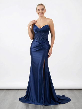 Unique Sweetheart Long Mermaid Corset Satin Prom Dress Side Slit