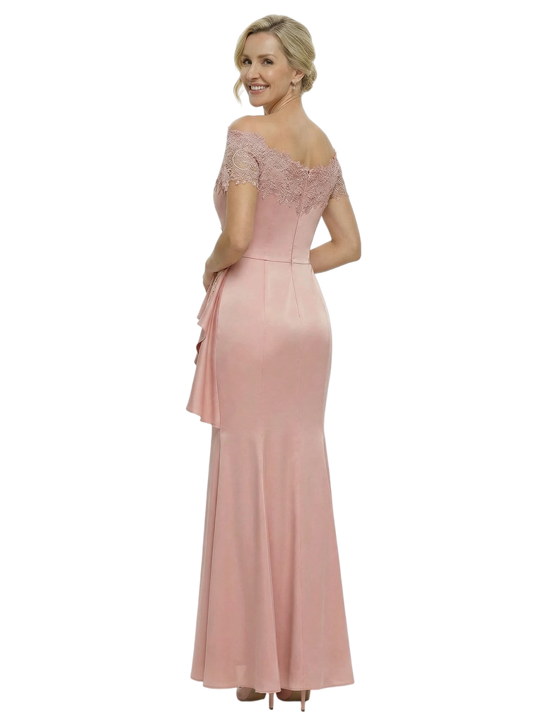 Glam Off Shoulder Short Sleeve Mother of The Groom Dress Fancy Mermaid Satin Maxi Gown with Lace Embellishments