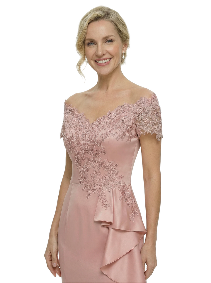 Glam Off Shoulder Short Sleeve Mother of The Groom Dress Fancy Mermaid Satin Maxi Gown with Lace Embellishments