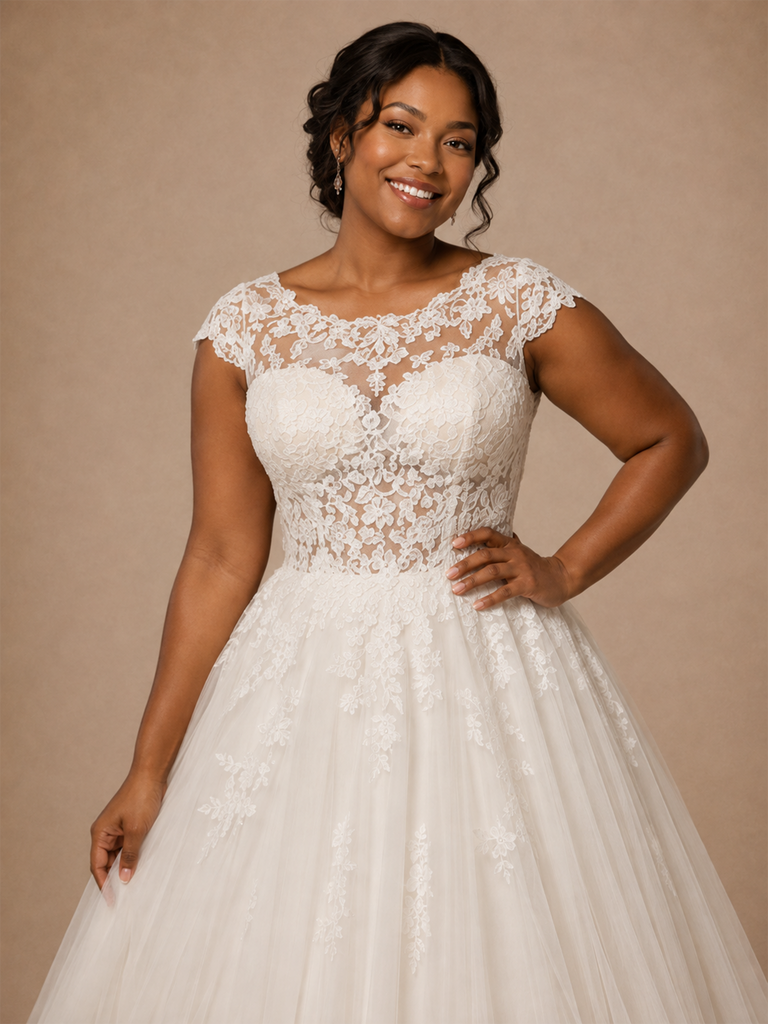 ChicSew Elegant Claasy Lace Tulle Round Neck A-Line Floor-Length Wedding Dress