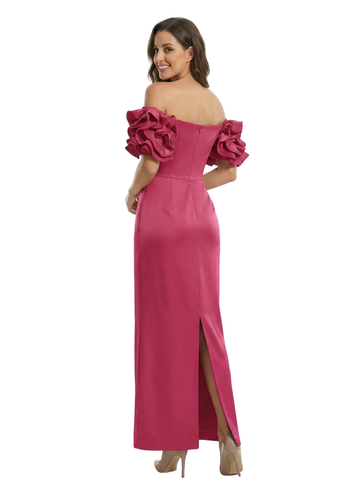 Beautiful Off Shoulder Satin Ankle Length Mother of The Bride Dresses With 3D Flower