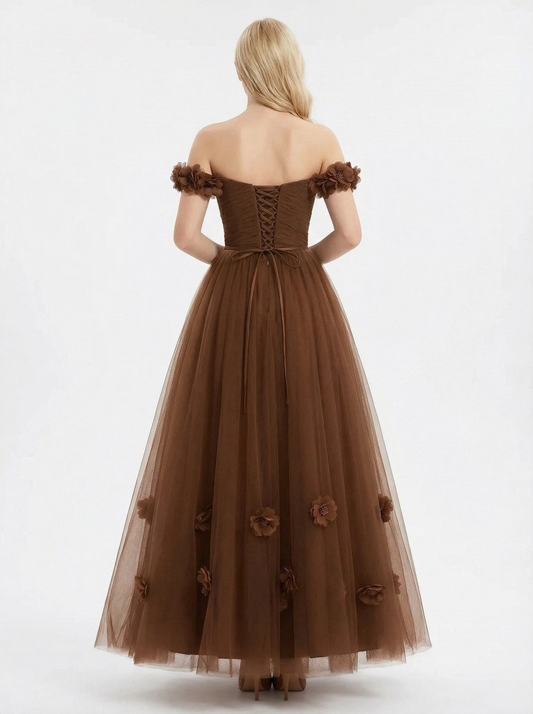 Modern Off The Shoulder A-Line Beaded Tulle Formal Evening Prom Dresses