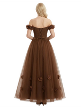 Beautiful Off Shoulder V-Neck Slit Bow Knot A-Line Tulle Formal Prom Dress