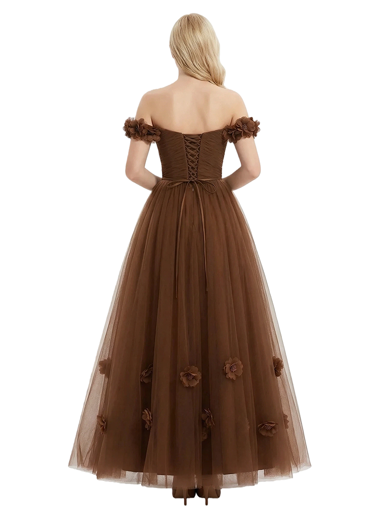 Beautiful Off Shoulder V-Neck Slit Bow Knot A-Line Tulle Formal Prom Dress