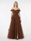 Modern Off The Shoulder A-Line Beaded Tulle Formal Evening Prom Dresses