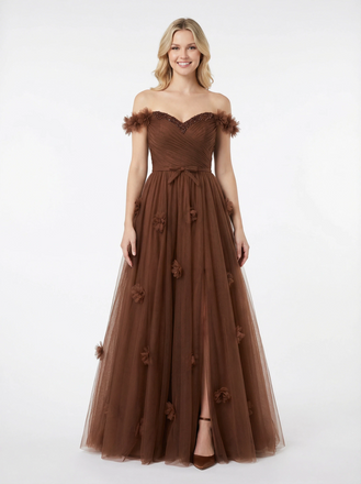 Modern Off The Shoulder A-Line Beaded Tulle Formal Evening Prom Dresses