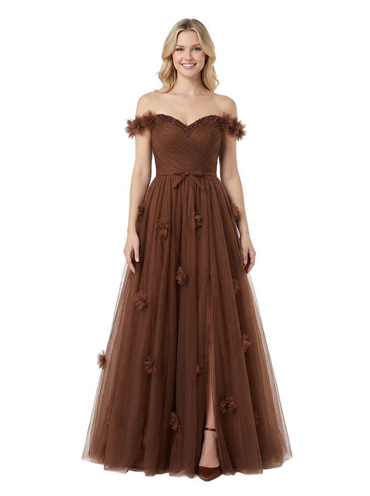Beautiful Off Shoulder V-Neck Slit Bow Knot A-Line Tulle Formal Prom Dress