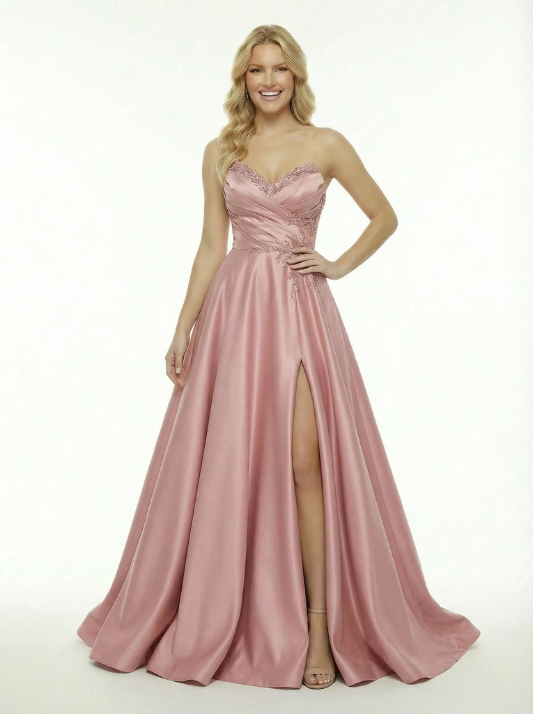 Classy Sweetheart Formal Lace Beaded Prom Dress  A-Line Long Satin Party Gown