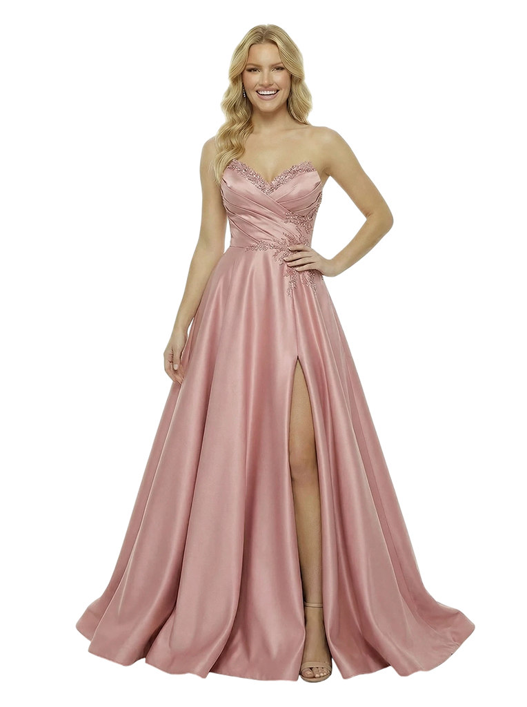 Modern Sweetheart Ruched Satin Lace A-Line Formal Prom Dress Side Slit