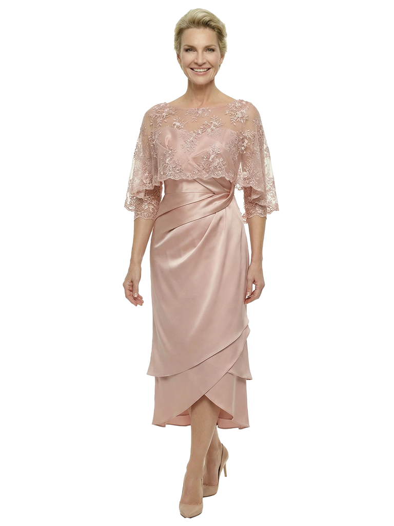 Chicsew Stylish Lace Appliques 3/4 Sleeves Satin Ruffles Mermaid Mother of The Bride Dresses