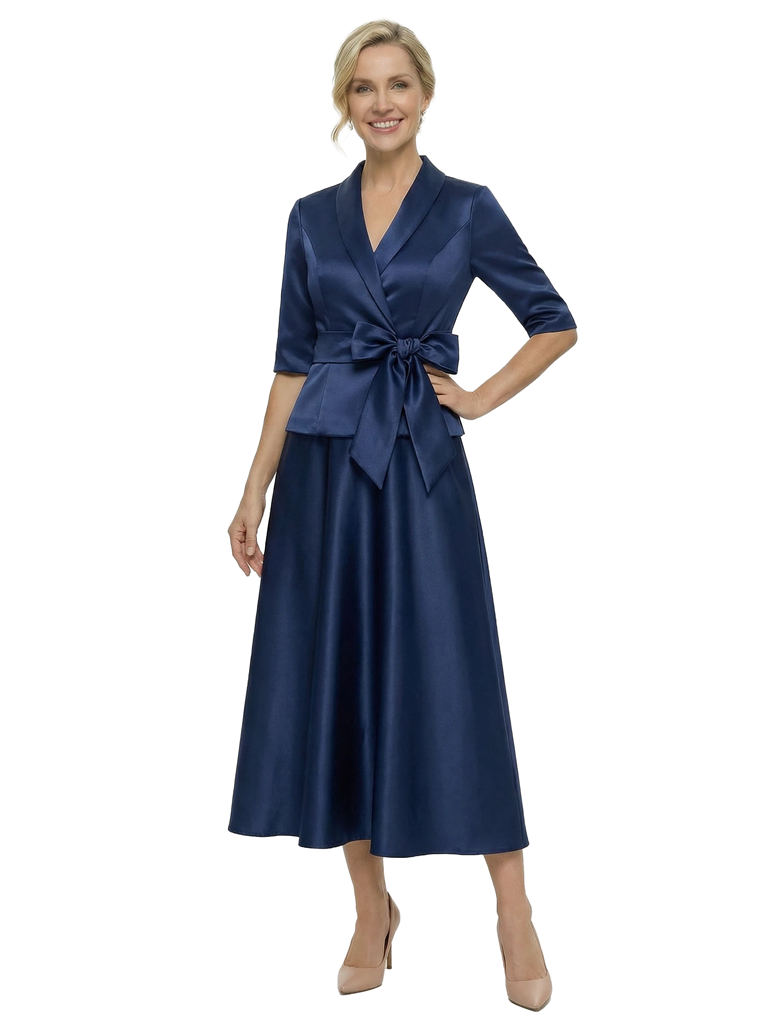 Unique Silky Satin Tea-Length Two Piece Mother Of The Bride Dress With Bow Knot