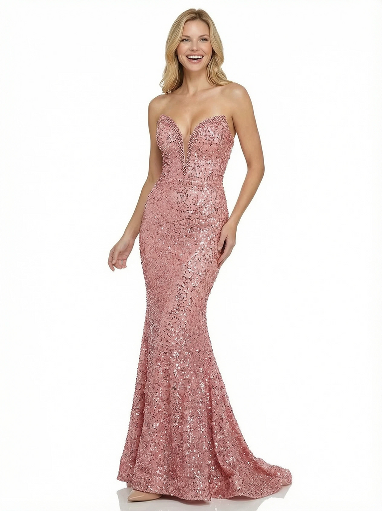 Strapless Sweetheart Lace Prom Gown Mermaid Sequin Long Formal Dress