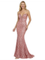 Modern Strapless Sleeveless V-Neck Sequin Prom Dress Mermaid Floor Length Gown
