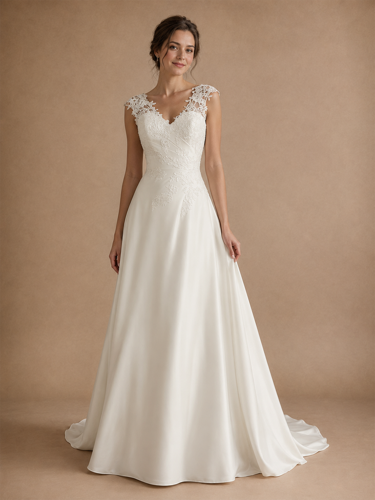 ChicSew Fancy Spaghetti Straps V-Neck Lace Satin Long A-Line Wedding Dress