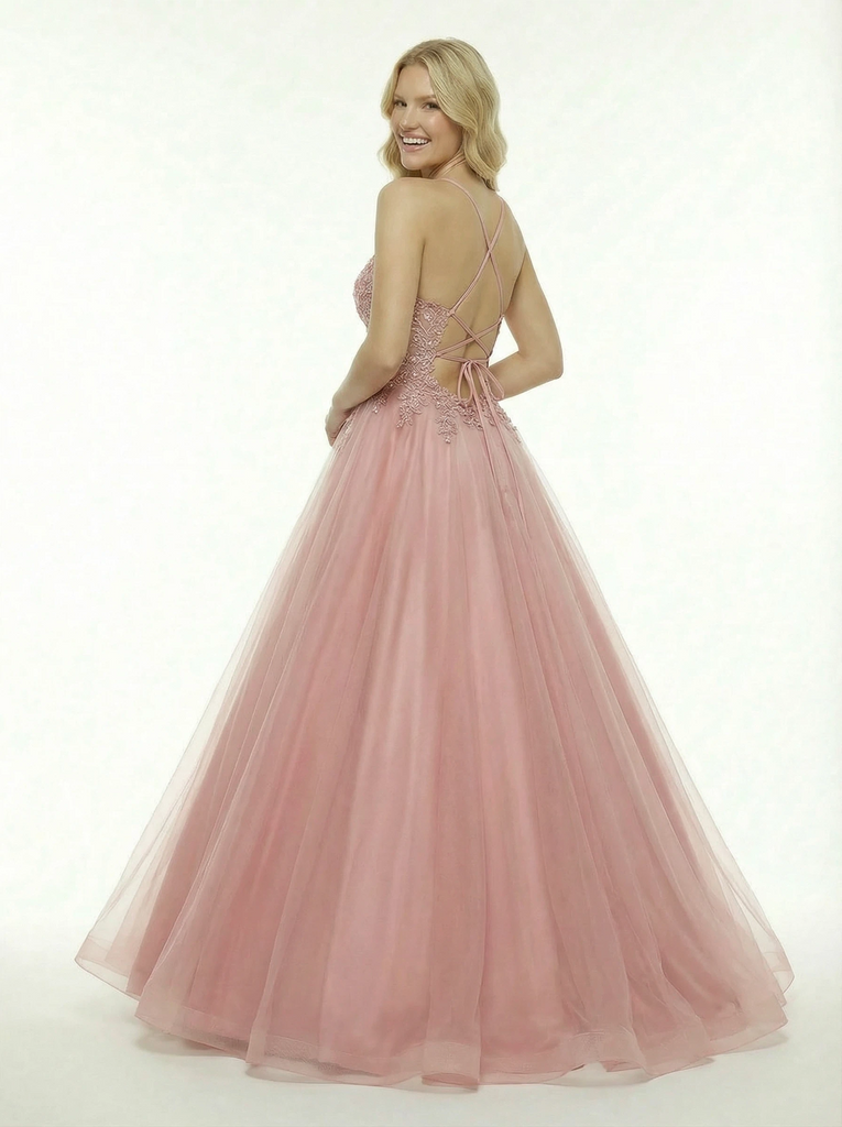 Classy Lace Beaded  A-Line Long Tulle Evening Prom Dress