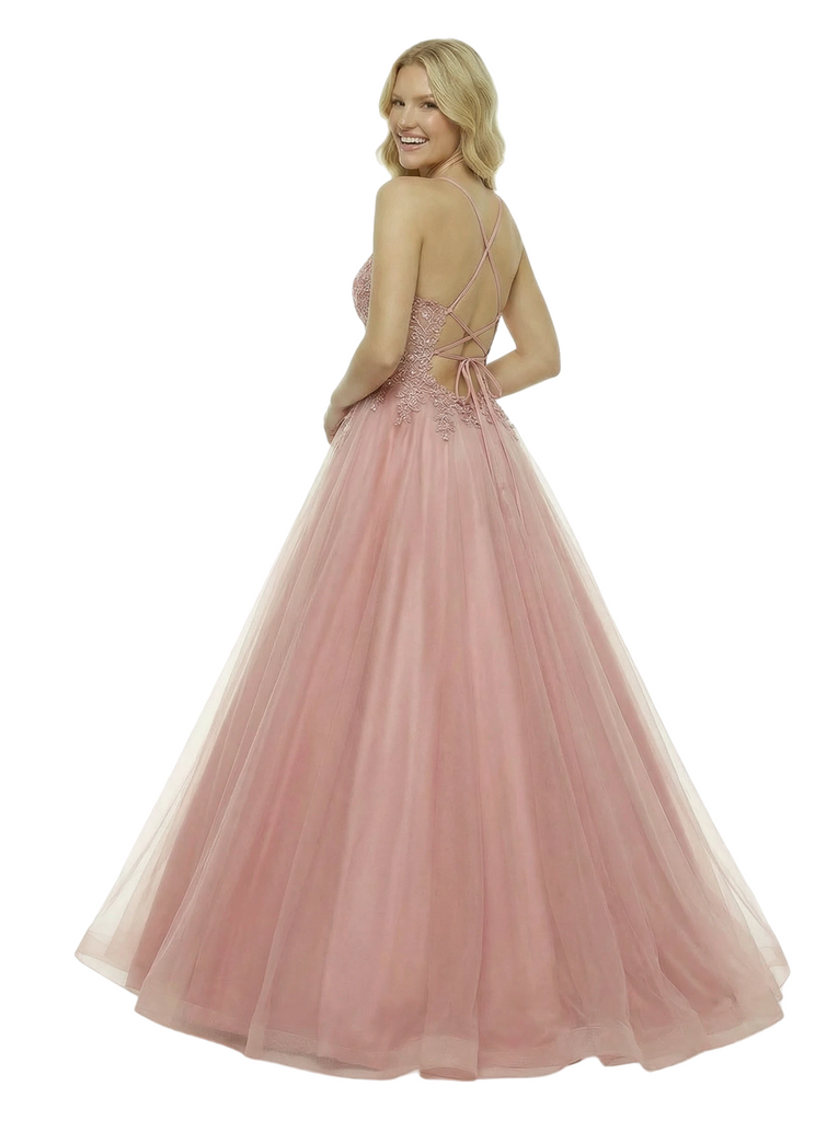 ChicSew Elegant V-Neck Ball Gown Prom Dress Lace Tulle Fabric A-Line Long Formal Evening Gown