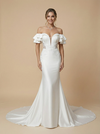 Mermaid Off Shoulder Sleeveless Ruffle Maxi Long Satin Wedding Gowns