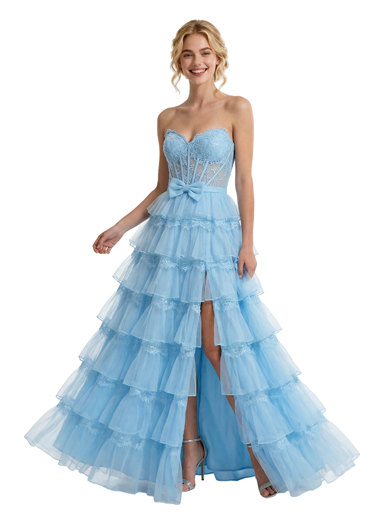Beautiful Sweetheart Corset Lace Tulle Prom Dress With Side Slit Boning Bow Knot A-Line Gown