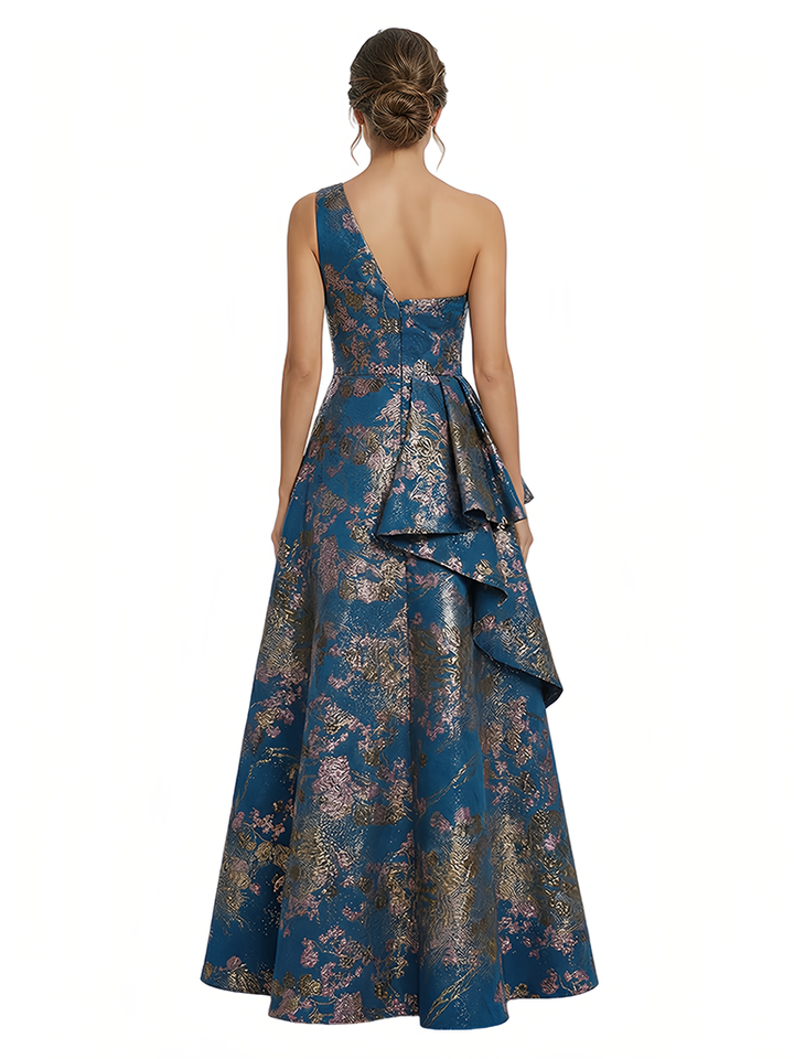 Elegant Floral One Shoulder Ruffle A-Line Long Formal Evening Dresses