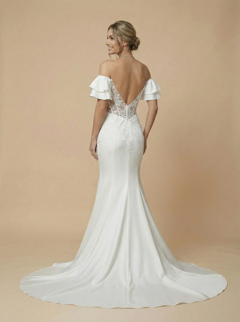 ChicSew Wedding Dresses With Long Trains Mermaid Off Shoulder Sleeveless Ruffle Maxi Long Satin Wedding Gowns, Off White ChicSew Wedding Dresses With Long Trains Mermaid Off Shoulder Sleeveless Ruffle Maxi Long Satin Wedding Gowns, Off White