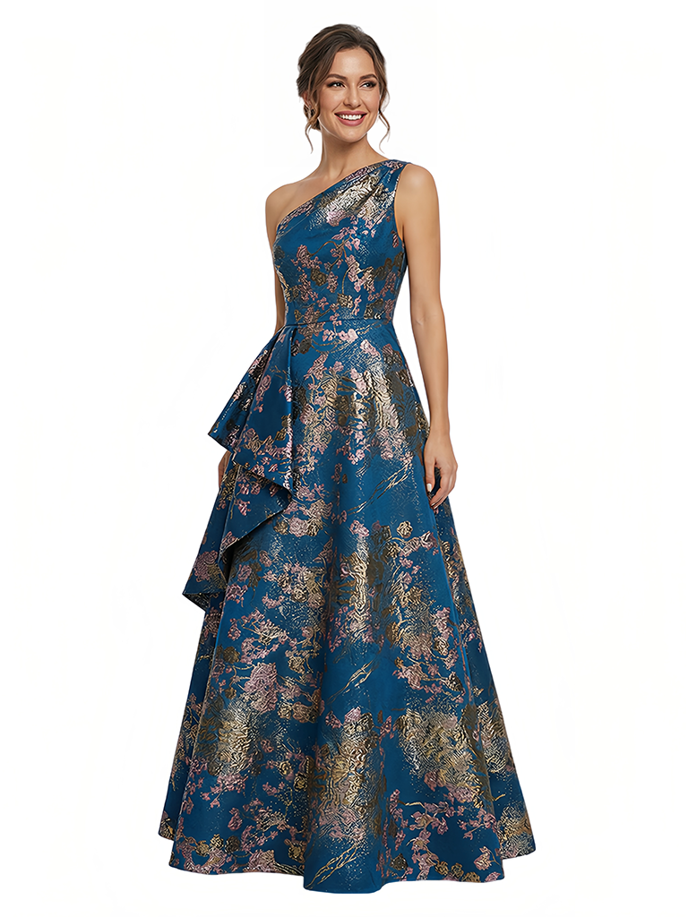 Elegant Floral One Shoulder Ruffle A-Line Long Formal Evening Dresses
