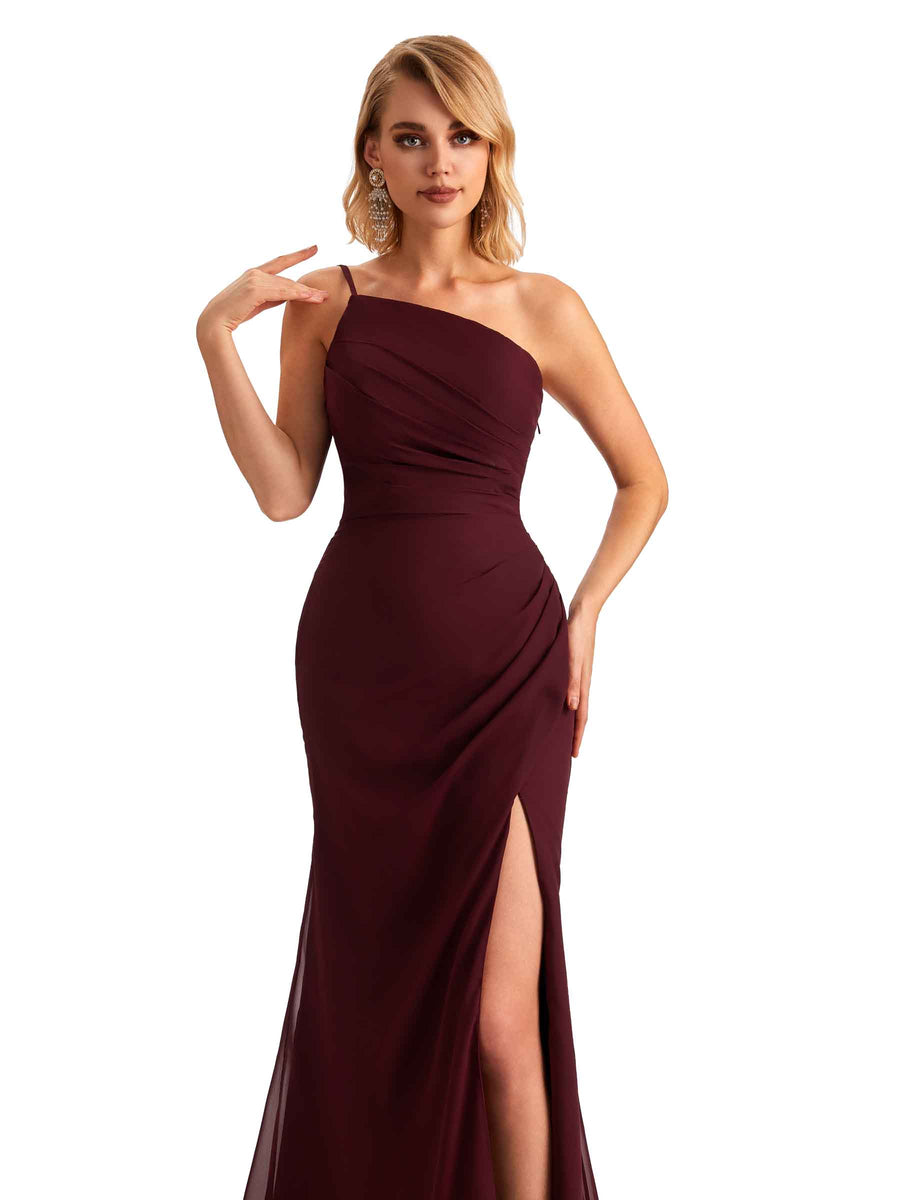 Elegant Side Slit Chiffon One Shoulder Mermaid Long Mother of the Brides Dresses