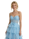 Beautiful Sweetheart Corset Lace Tulle Prom Dress With Side Slit Boning Bow Knot A-Line Gown