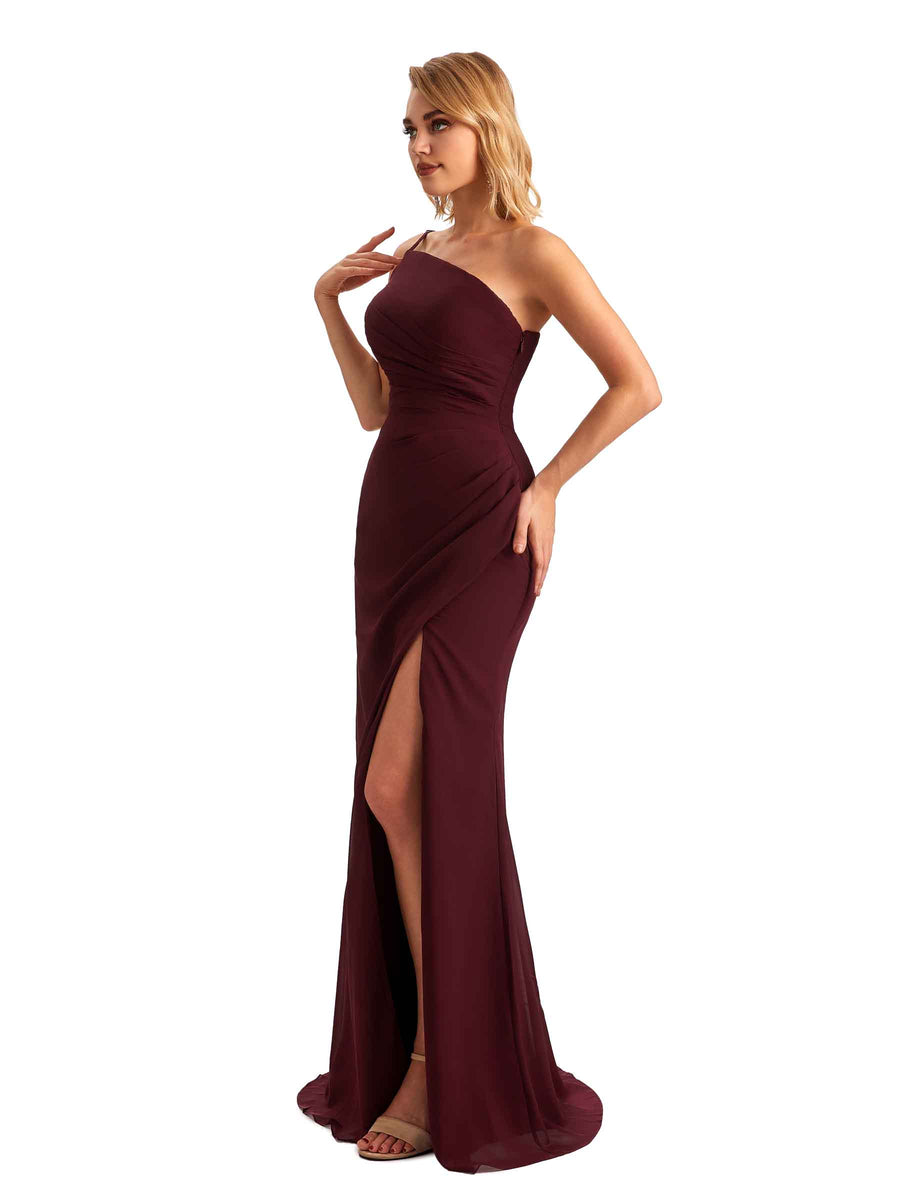 Elegant Side Slit Chiffon One Shoulder Mermaid Long Mother of the Brides Dresses