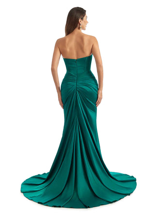 Sexy Side Slit Sweetheart Mermaid Stretchy Satin Classy Long Wedding Guest Dresses