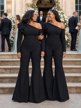 ChicSew Asymmetric Long Sleeves Soft Satin Floor-Length Bridesmaid Pantsuits