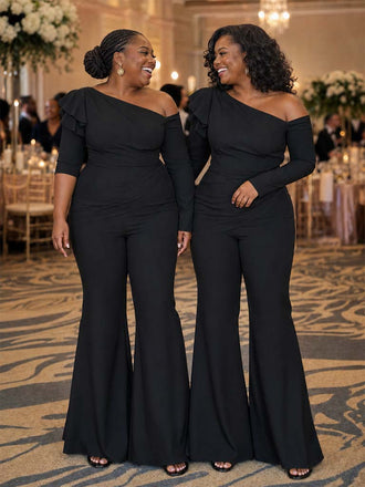 ChicSew Asymmetric Long Sleeves Soft Satin Floor-Length Bridesmaid Pantsuits