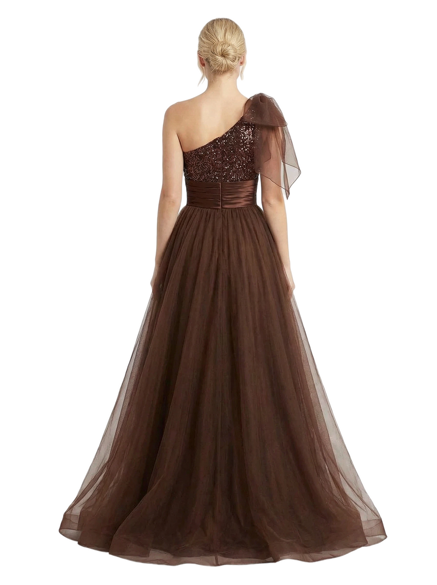ChicSew Fancy One Shoulder Prom Dress Sequin Tulle Ruched Formal Evening Dresses