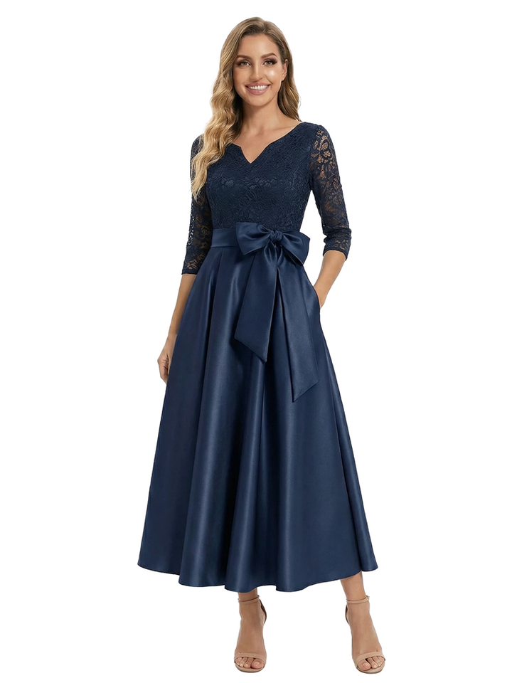 Chicsew Elegant Lace TOP 3/4 Sleeve Satin A-Line Mother of The Bride Dresses With Bow Knot
