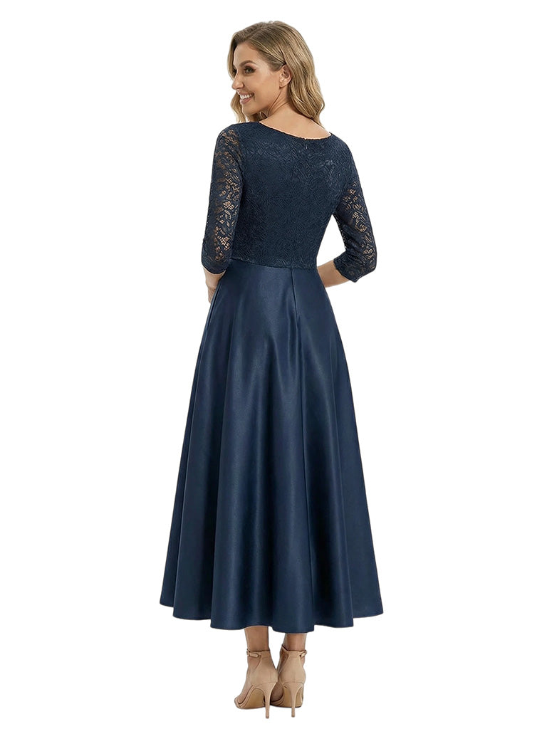 Chicsew Elegant Lace TOP 3/4 Sleeve Satin A-Line Mother of The Bride Dresses With Bow Knot