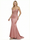 Sexy Strapless Sweetheart Prom Gown Mermaid Long Satin Dress With Lace Applique