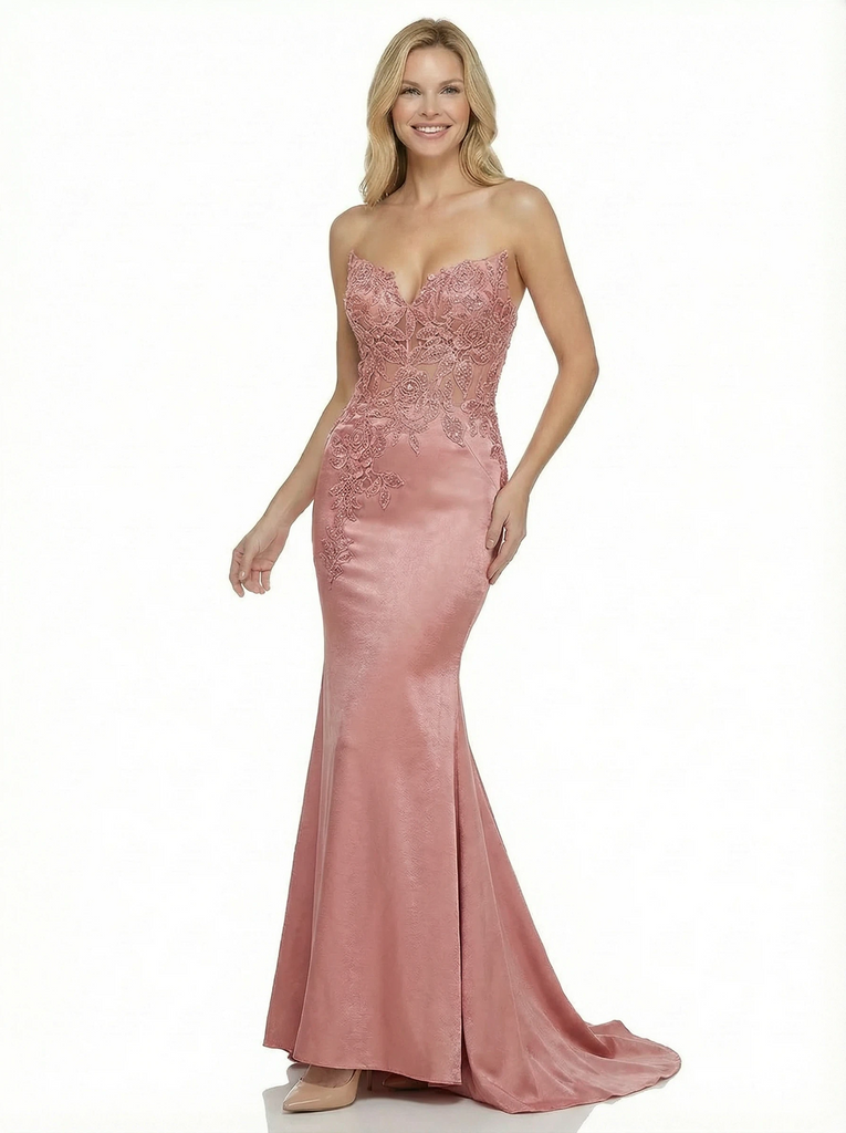 Sexy Strapless Sweetheart Prom Gown Mermaid Long Satin Dress With Lace Applique