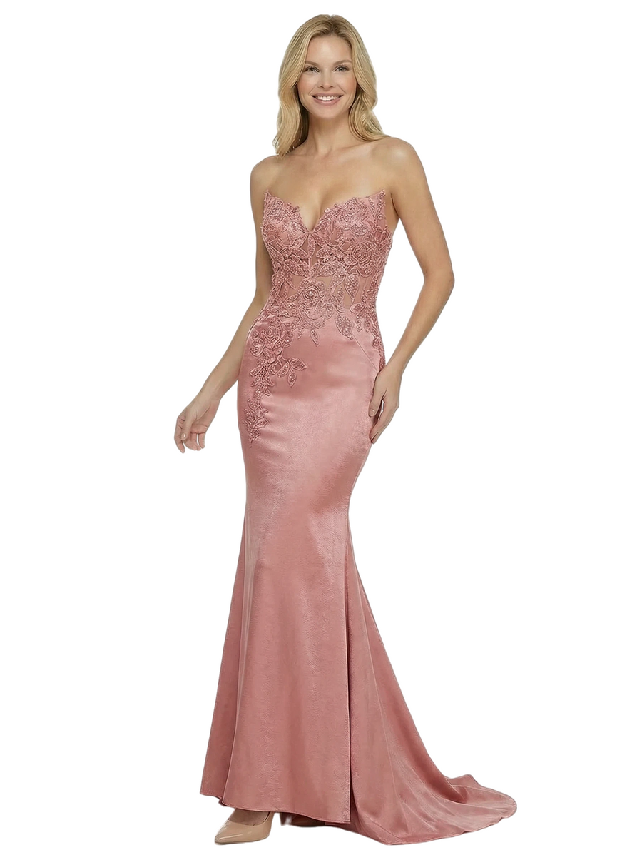 Pretty Strapless Sweetheart Satin Prom Dress With Lace Applique Evening Gown
