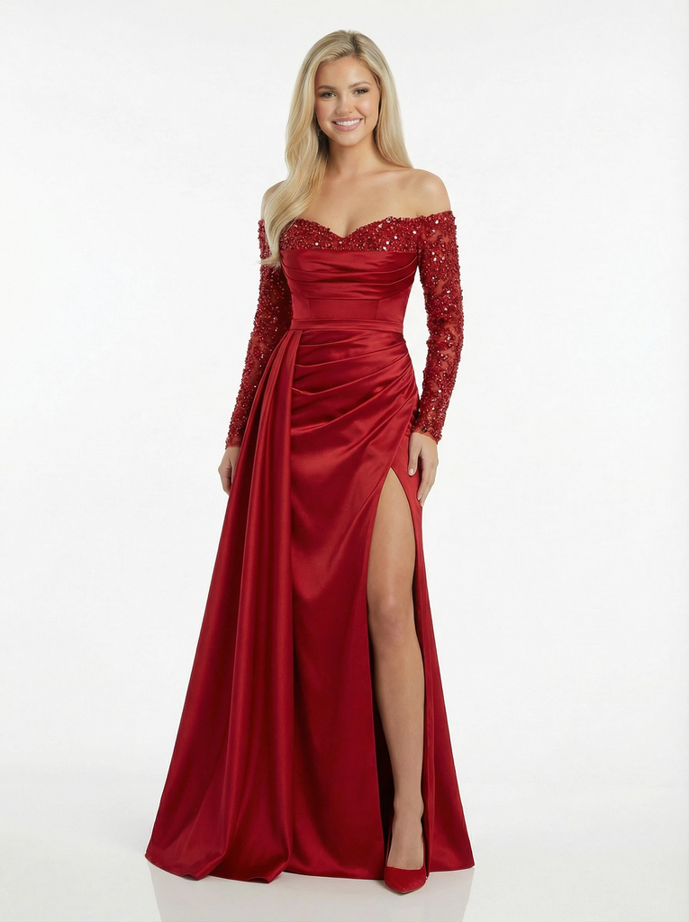 Glamorous Off Shoulder Sweetheart Satin Prom Dress Side Slit With Fitted Silhouette