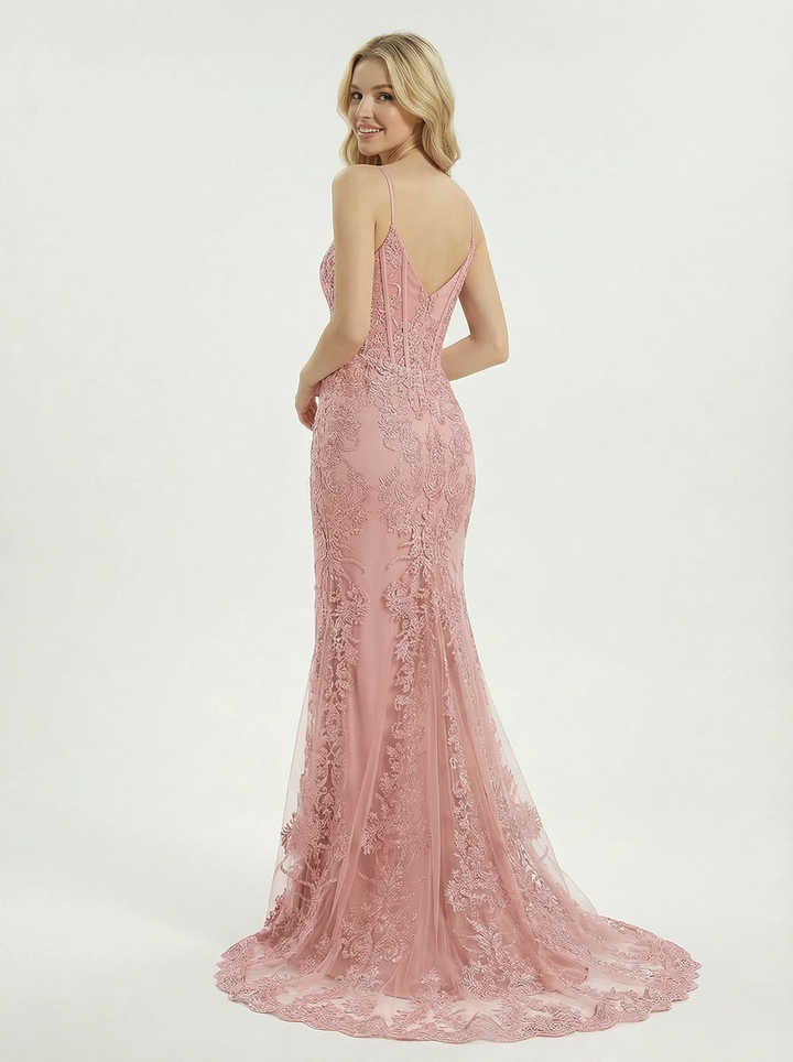 Glamorous Spaghetti Strap Deep V-Neck Lace Prom Dress In Mermaid Silhouette