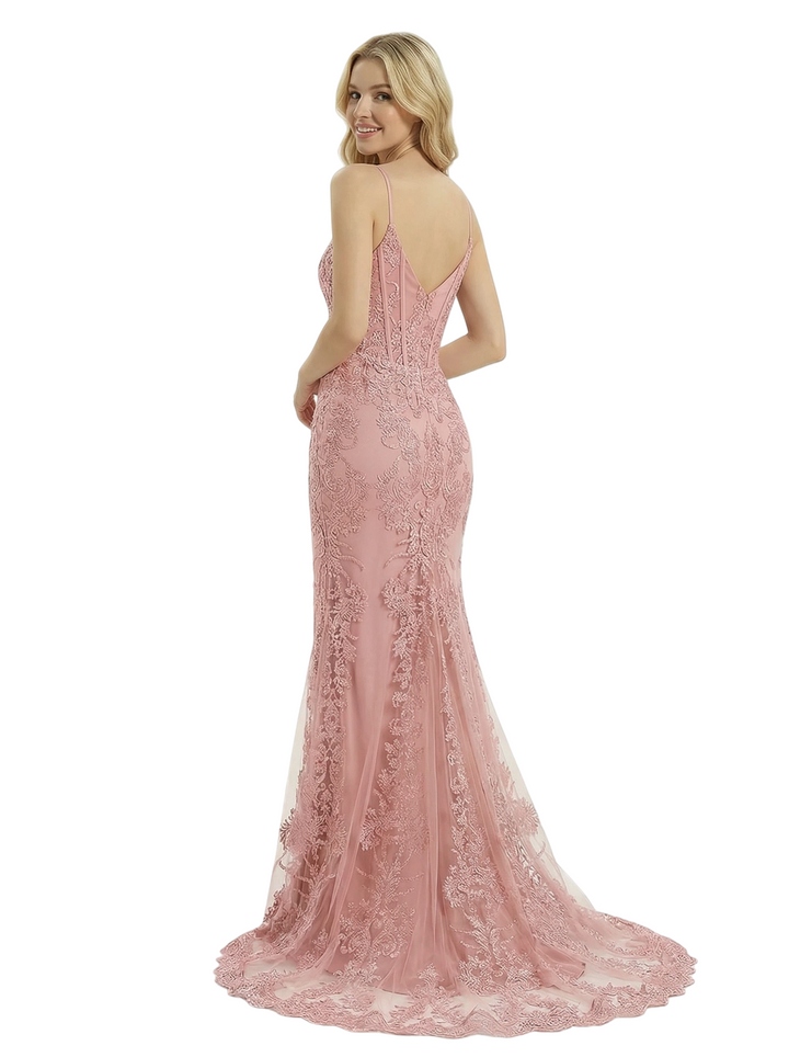ChicSew Classy Spaghetti Straps V-Neck Corset Prom Dress Lace Mermaid Formal Evening Gown