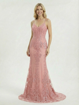 Glamorous Spaghetti Strap Deep V-Neck Lace Prom Dress In Mermaid Silhouette