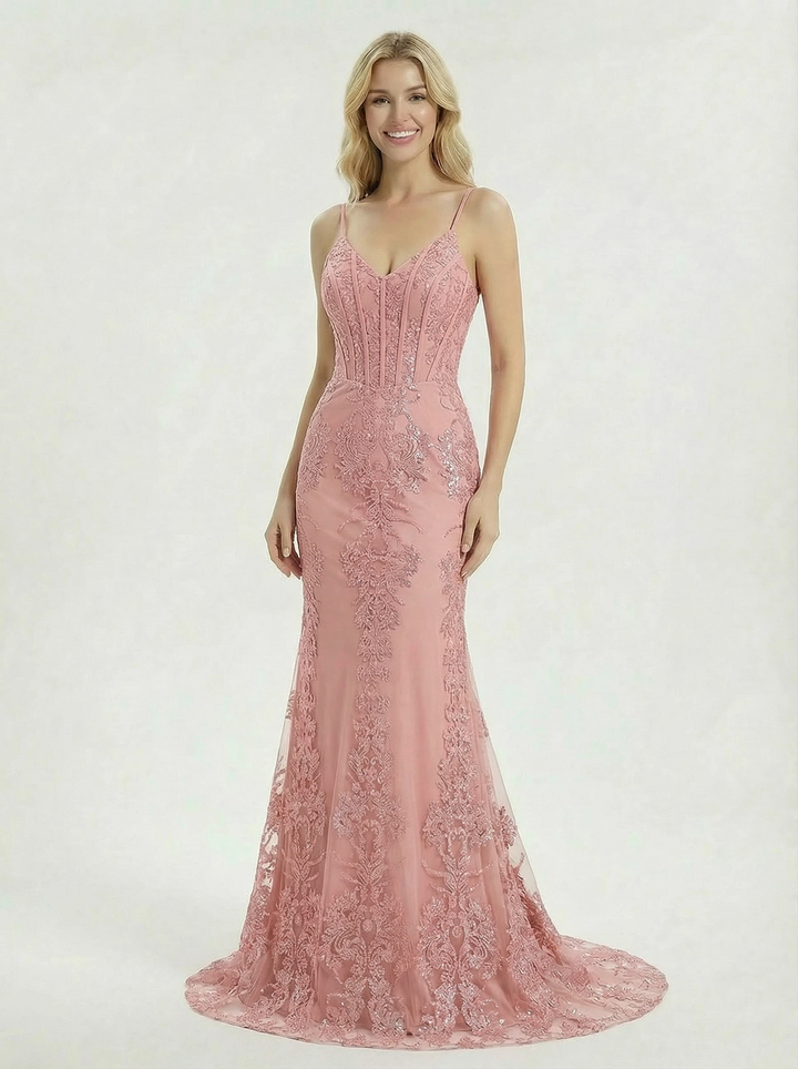 Glamorous Spaghetti Strap Deep V-Neck Lace Prom Dress In Mermaid Silhouette