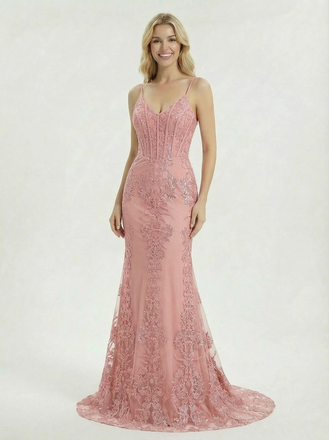 Glamorous Spaghetti Strap Deep V-Neck Lace Prom Dress In Mermaid Silhouette